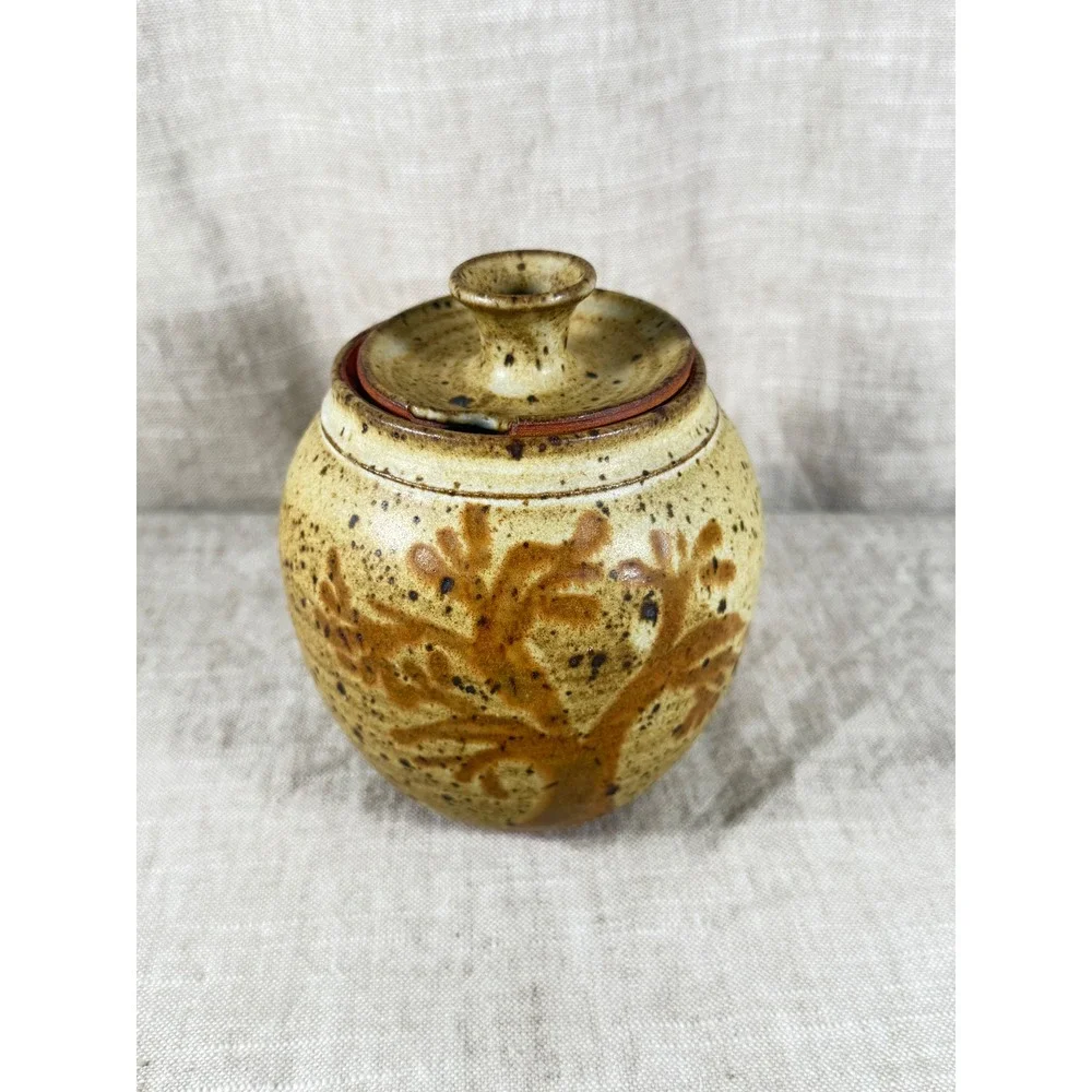 Handmade Studio Pottery Honey Pot with Wooden Dipper Tree of Life Speckled Tan